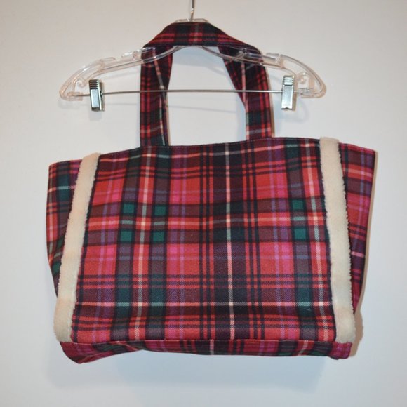 VS Victoria's Secret Distr. Polyester Tote Plaid Red-Black-Green Hand Bag Large - Picture 2 of 8